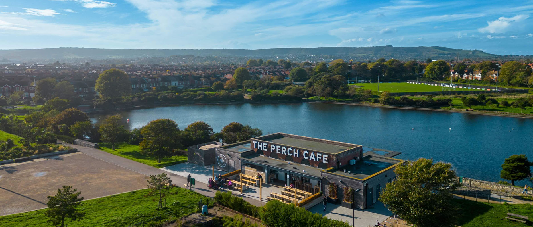 Drone shot of the Perch cafe in Princes Park